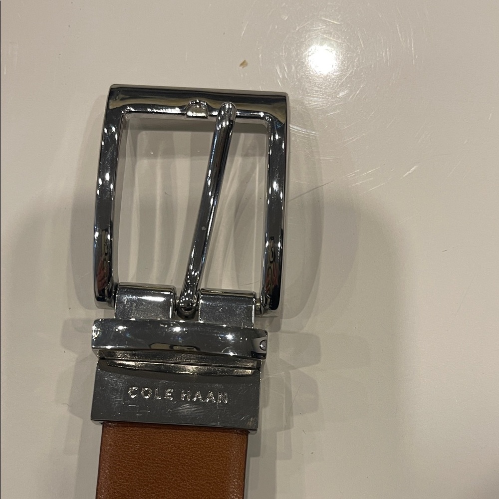 Reversible Cole Haan Brown Leather Belt with Silver Buckle